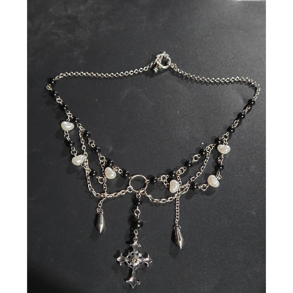 Gothic Cross Necklace Silver Black Rosary Pearl Spike Grunge